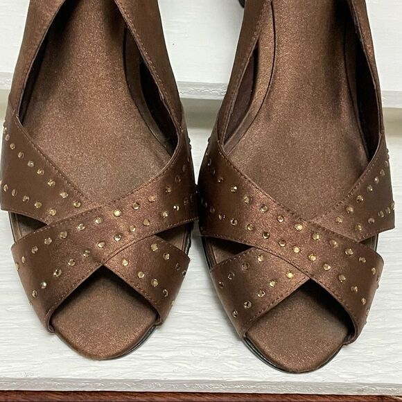 Metaphor Brown Peep Toe 3.5” Heel With Rhinestones and Buckle Ankle Strap Size 9 - Picture 10 of 15